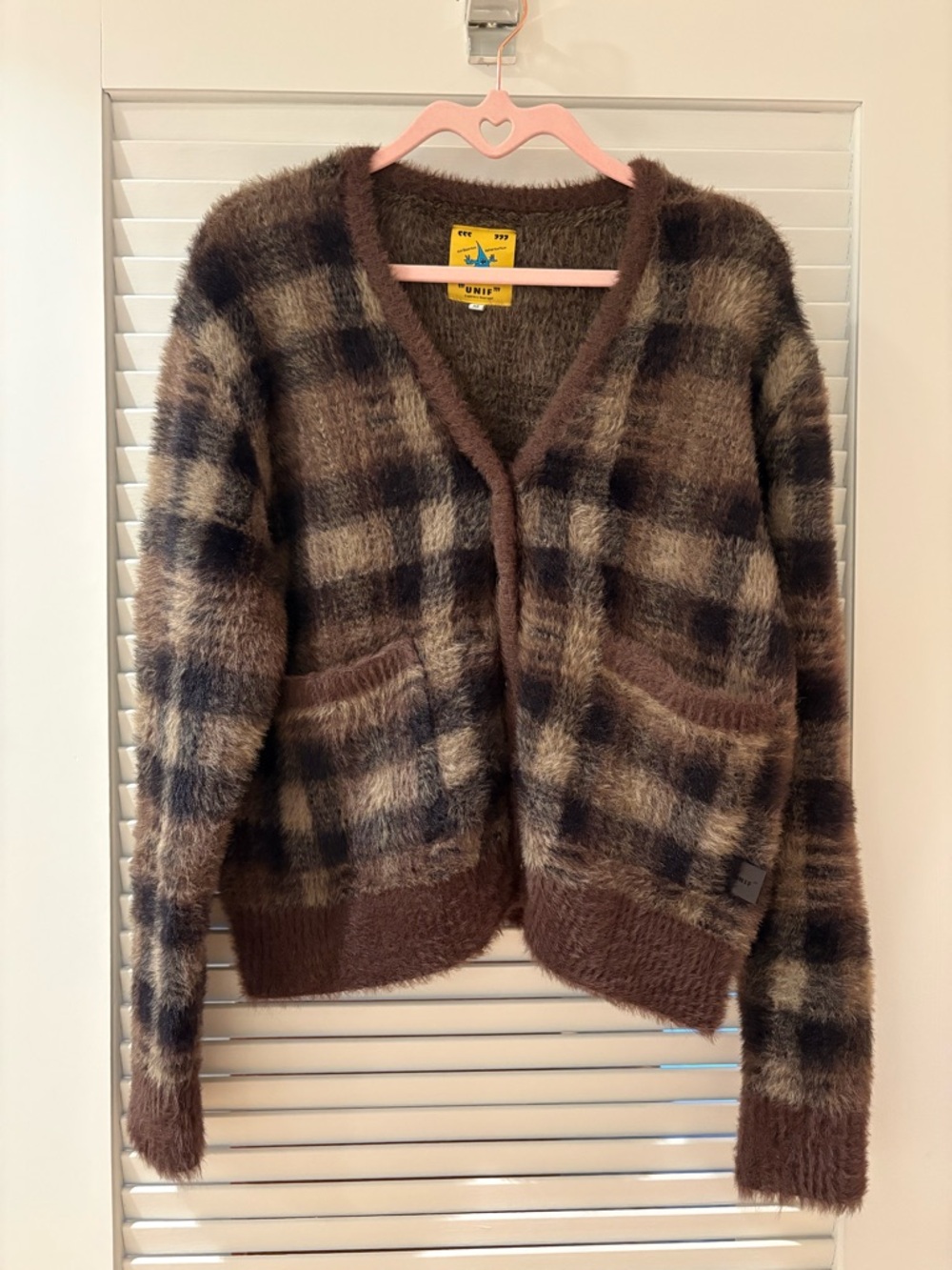 UNIF Brown Plaid Fuzzy V-Neck Cardigan Sweater